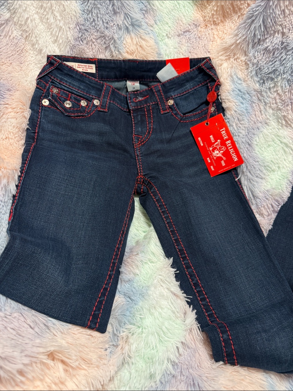 True Religion Dark Indigo Boot Cut Jeans with Red Stitching